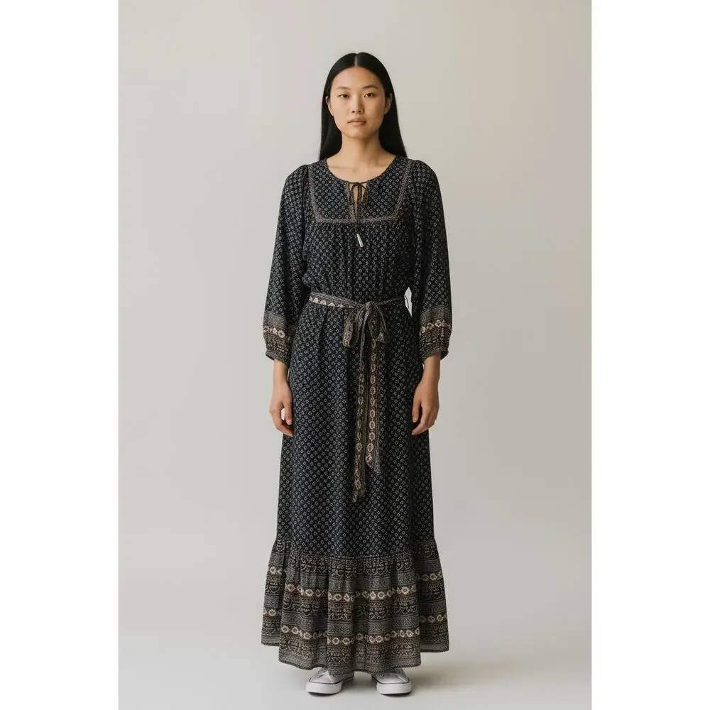 American Eagle AE77 Organic Cotton Boho Peasant Maxi Dress Tie Belt Size S NWT - Picture 2 of 12